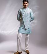 Ice blue embroidered chanderi bemberg silk kurta jacket set
