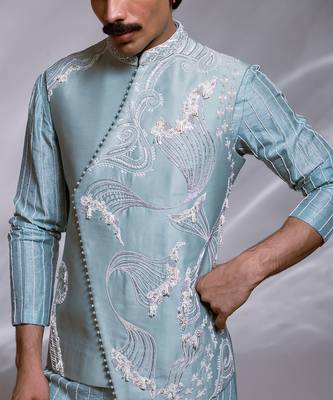 Ice blue embroidered chanderi bemberg silk kurta jacket set 2