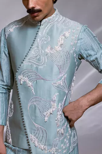 Ice blue embroidered chanderi bemberg silk kurta jacket set