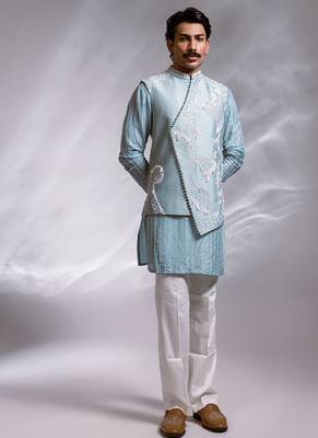 Ice blue embroidered chanderi bemberg silk kurta jacket set 3