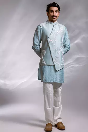 Ice blue embroidered chanderi bemberg silk kurta jacket set