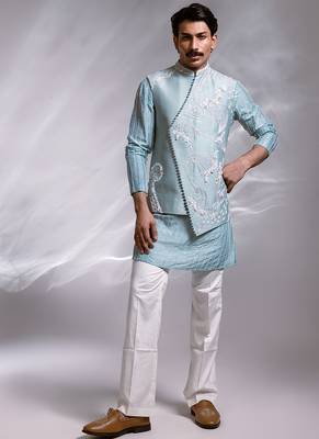 Ice blue embroidered chanderi bemberg silk kurta jacket set 4