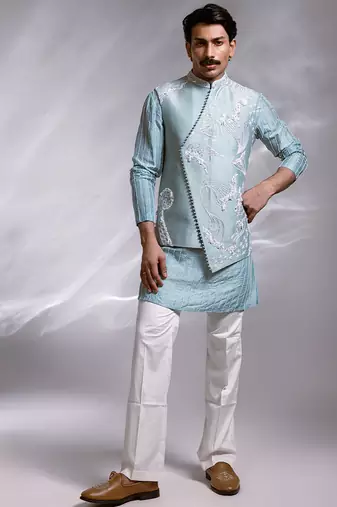 Ice blue embroidered chanderi bemberg silk kurta jacket set