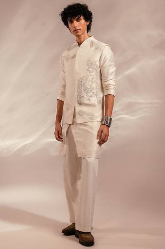 Ivory embroidered bemberg silk kurta jacket set