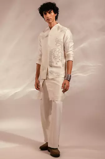 Ivory embroidered bemberg silk kurta jacket set