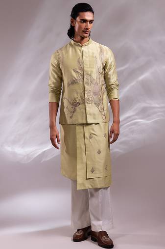 Mint green embroidered chanderi bemberg silk kurta jacket set