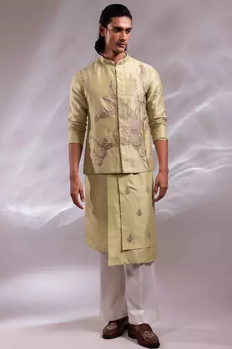 Mint green embroidered chanderi bemberg silk kurta jacket set
