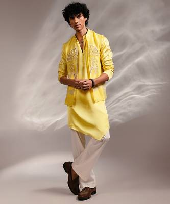 Lime yellow embroidered organza linen satin kurta jacket set 1