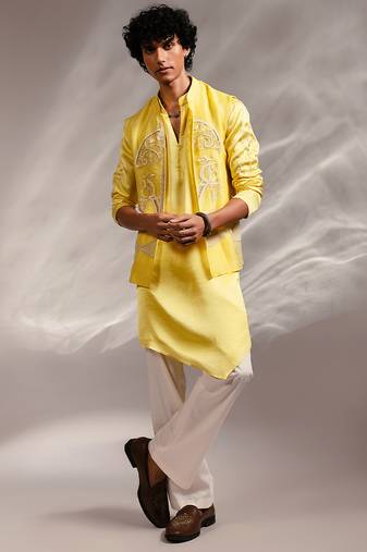 Lime yellow embroidered organza linen satin kurta jacket set