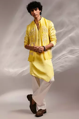 Lime yellow embroidered organza linen satin kurta jacket set