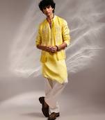 Lime yellow embroidered organza linen satin kurta jacket set
