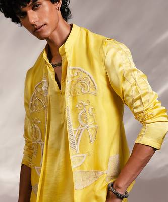 Lime yellow embroidered organza linen satin kurta jacket set 2