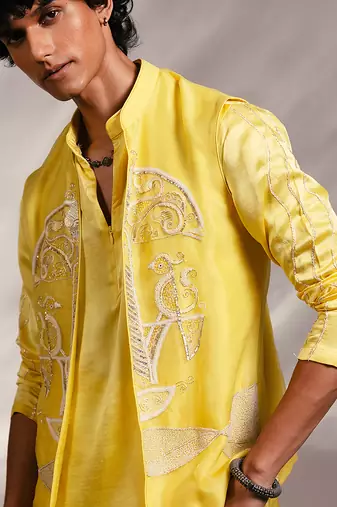 Lime yellow embroidered organza linen satin kurta jacket set