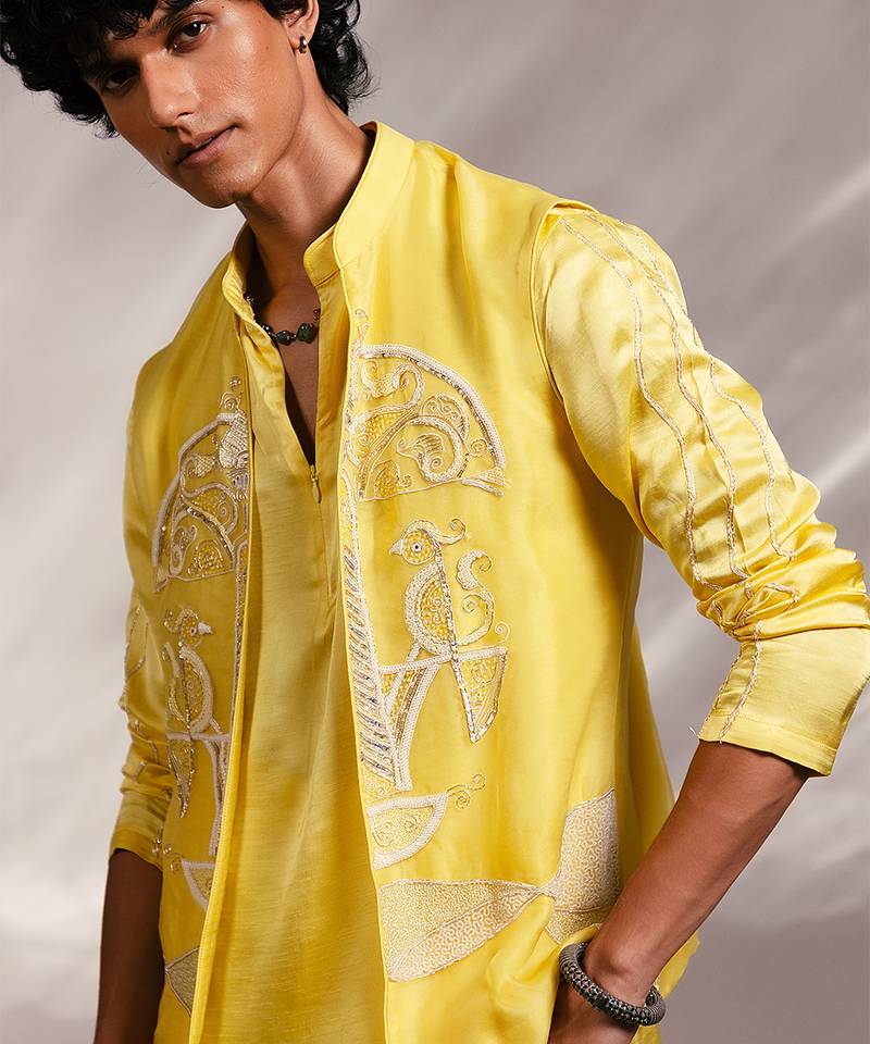 Lime yellow embroidered organza linen satin kurta jacket set