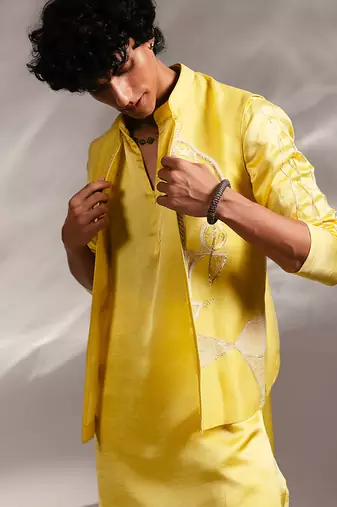 Lime yellow embroidered organza linen satin kurta jacket set