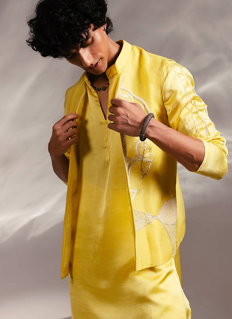 Lime yellow embroidered organza linen satin kurta jacket set