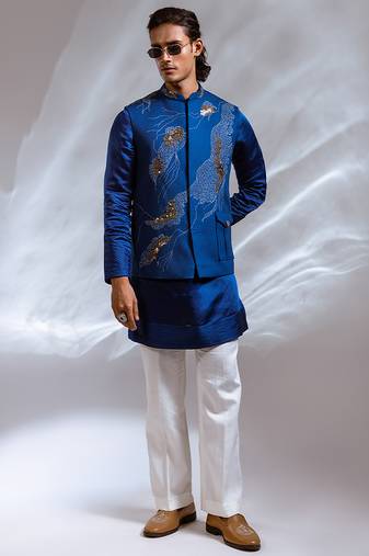 Cobalt blue embroidered linen satin kurta jacket set