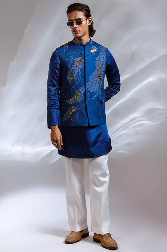 Cobalt blue embroidered linen satin kurta jacket set