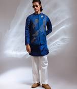 Cobalt blue embroidered linen satin kurta jacket set