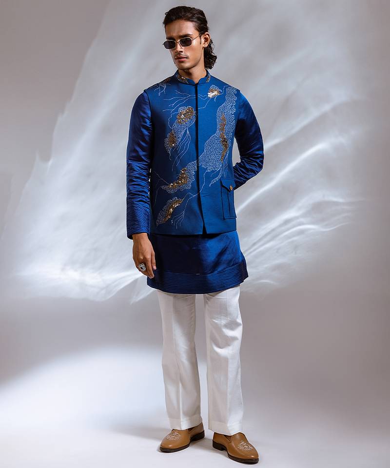 Cobalt blue embroidered linen satin kurta jacket set