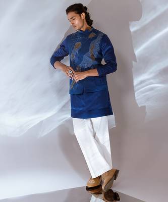 Cobalt blue embroidered linen satin kurta jacket set 2