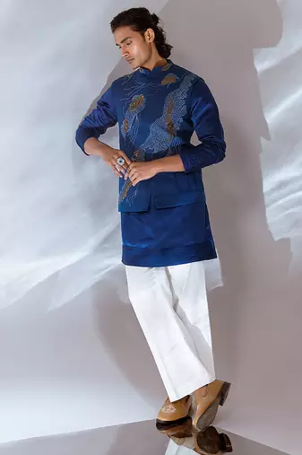 Cobalt blue embroidered linen satin kurta jacket set