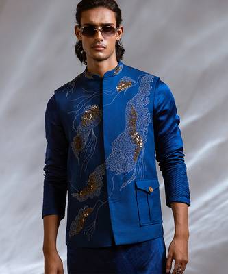 Cobalt blue embroidered linen satin kurta jacket set 3