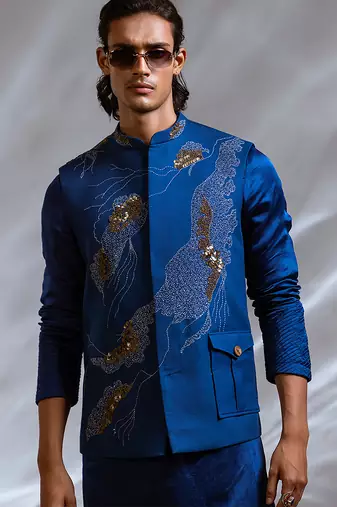 Cobalt blue embroidered linen satin kurta jacket set