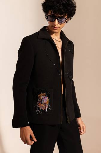 Black embroidered satin bomber jacket