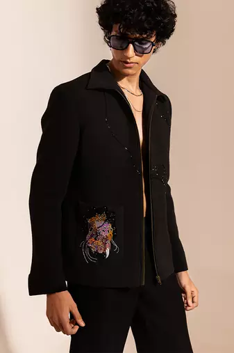 Black embroidered satin bomber jacket