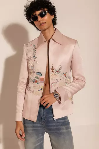Pastel lilac purple embroidered linen bomber jacket