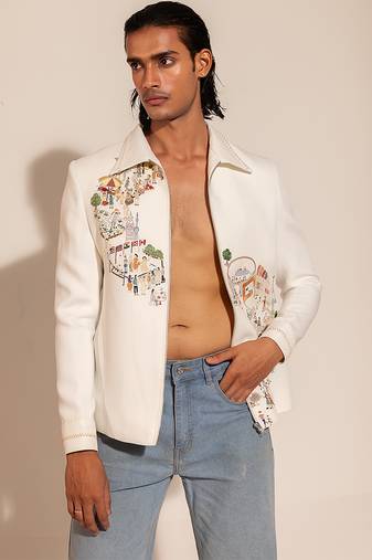 White embroidered lycra stretchable bomber jacket