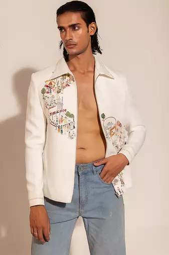 White embroidered lycra stretchable bomber jacket