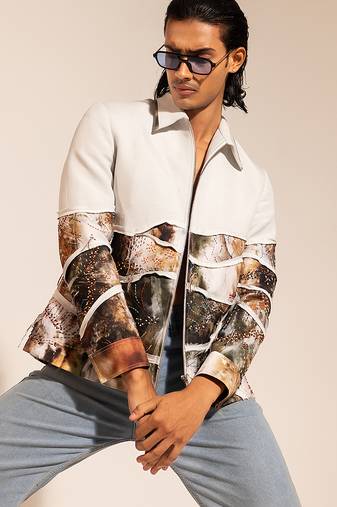 Ice grey printed linen bomber jacket