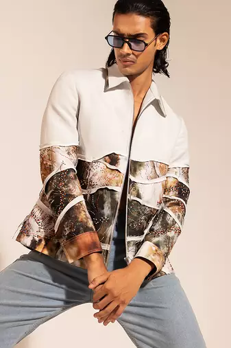 Ice grey printed linen bomber jacket
