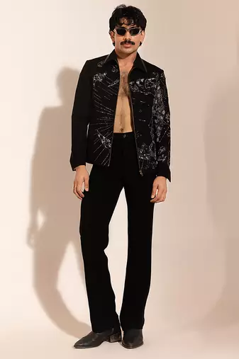 Black embroidered stretchable bomber jacket