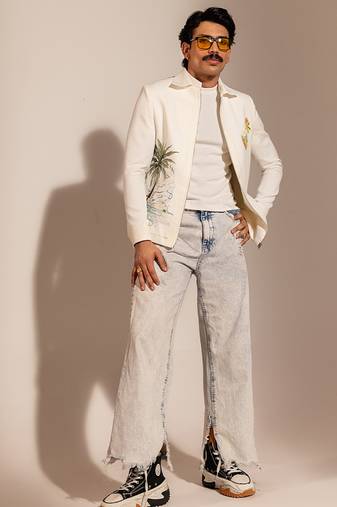 White printed cotton linen bomber jacket