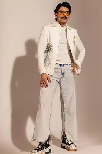 White printed cotton linen bomber jacket