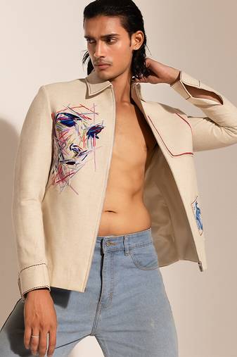 Beige embroidered linen bomber jacket