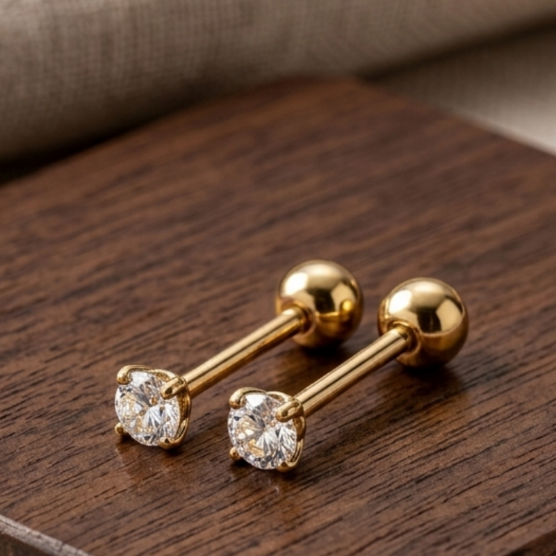 Sleek inlay single brilliance gold plated stud earring