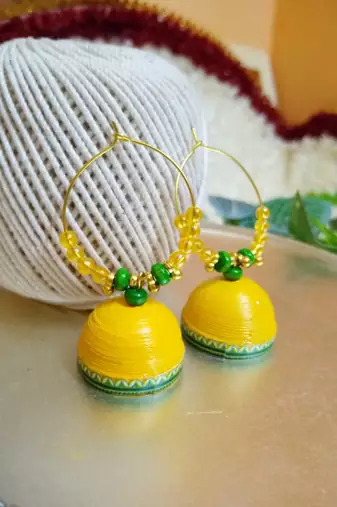 Yellow color ethnic hoops quilling jhumkas