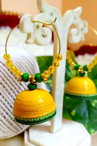 Yellow color ethnic hoops quilling jhumkas