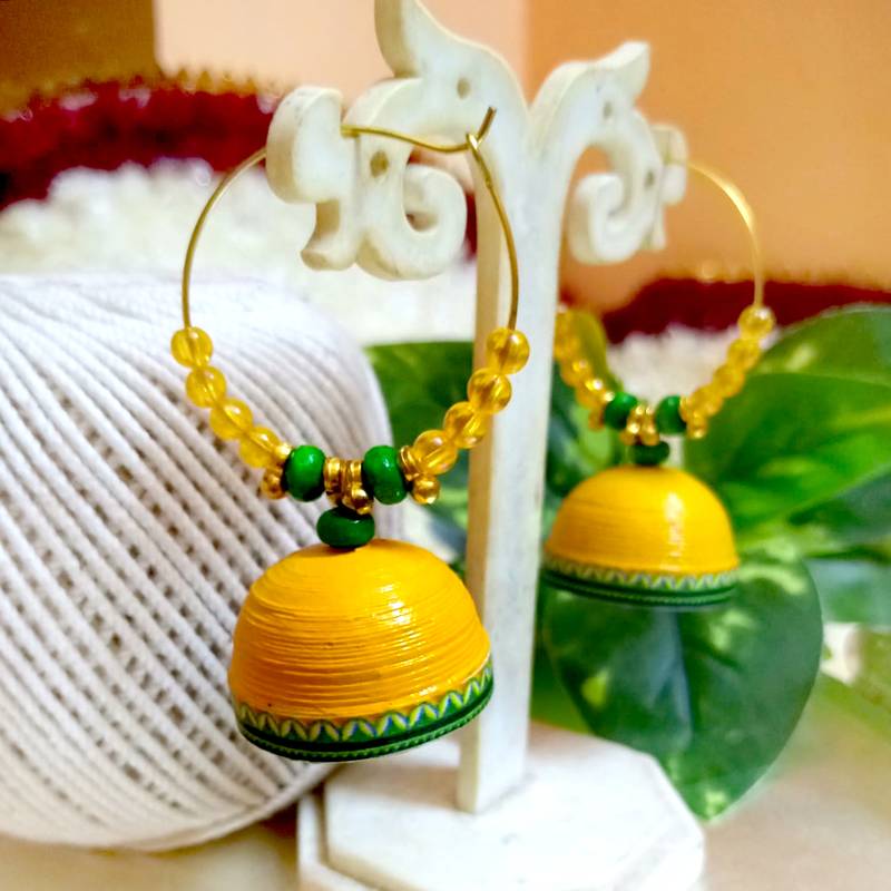 Yellow color ethnic hoops quilling jhumkas