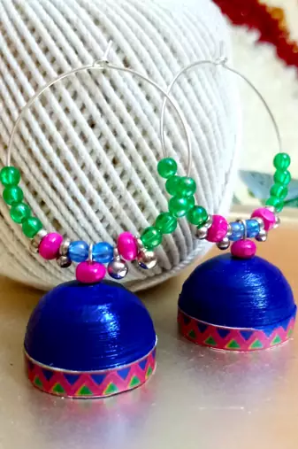 Blue color ethnic hoops quilling jhumkas