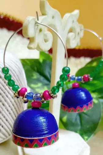 Blue color ethnic hoops quilling jhumkas