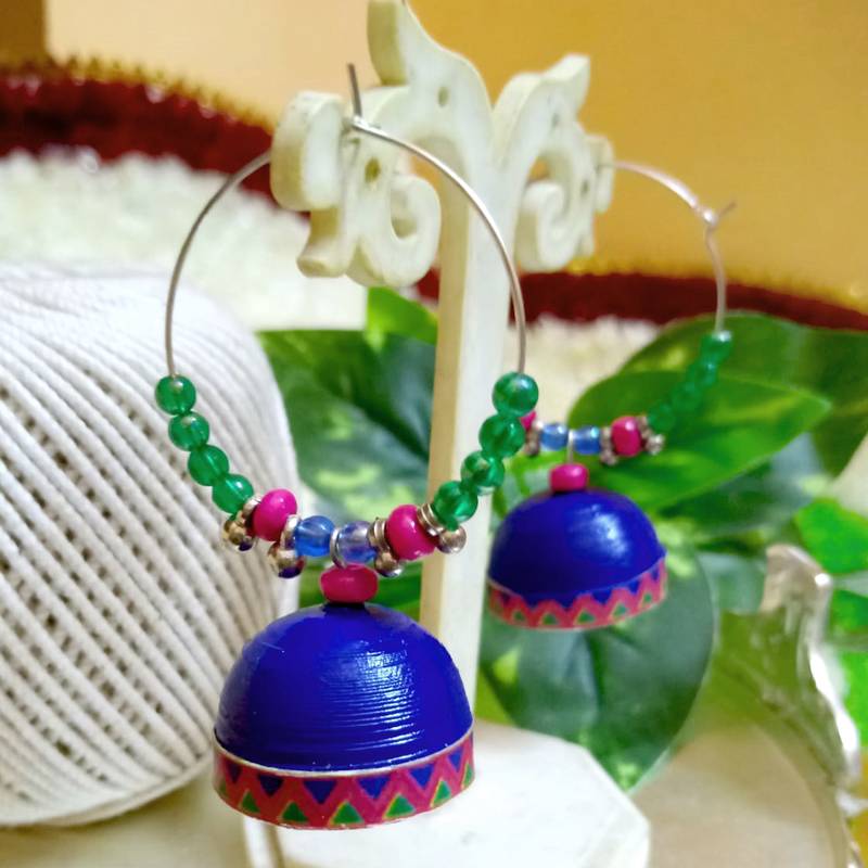 Blue color ethnic hoops quilling jhumkas