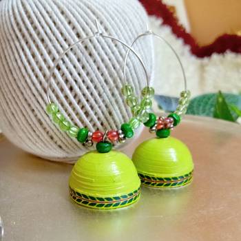 Bright green color ethnic hoops quilling jhumkas 1