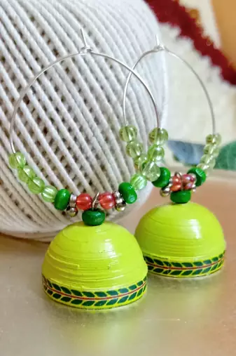 Bright green color ethnic hoops quilling jhumkas
