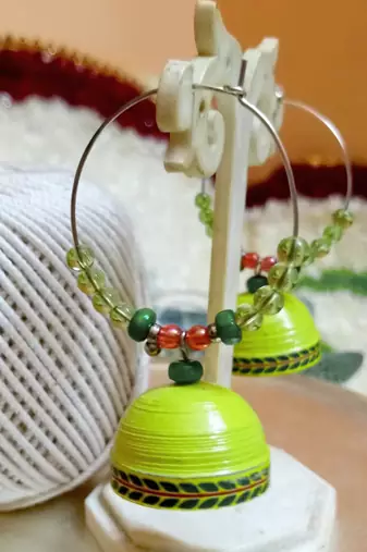 Bright green color ethnic hoops quilling jhumkas