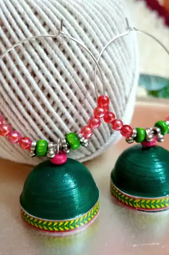 Green color ethnic hoops quilling jhumkas